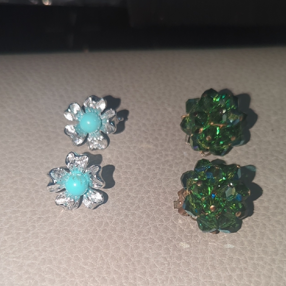 Vintage Clip On Elegant Silver and Green Floral Earrings Set